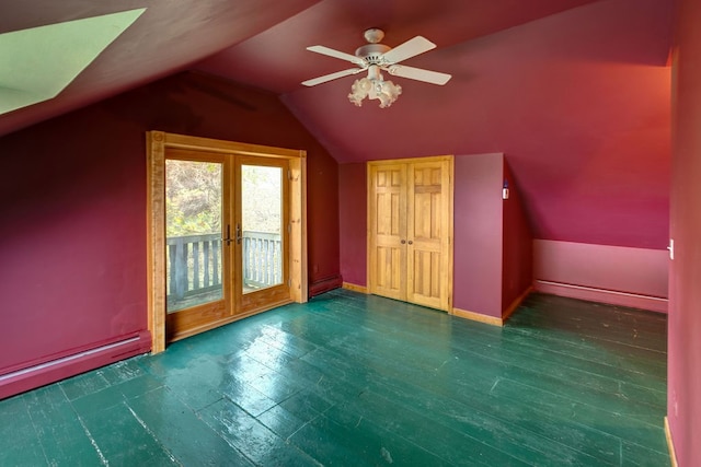 bonus room with dark hardwood / wood-style floors, ceiling fan, and vaulted ceiling