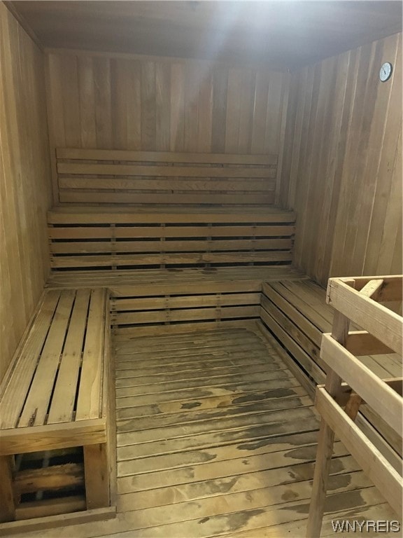 view of sauna featuring hardwood / wood-style floors