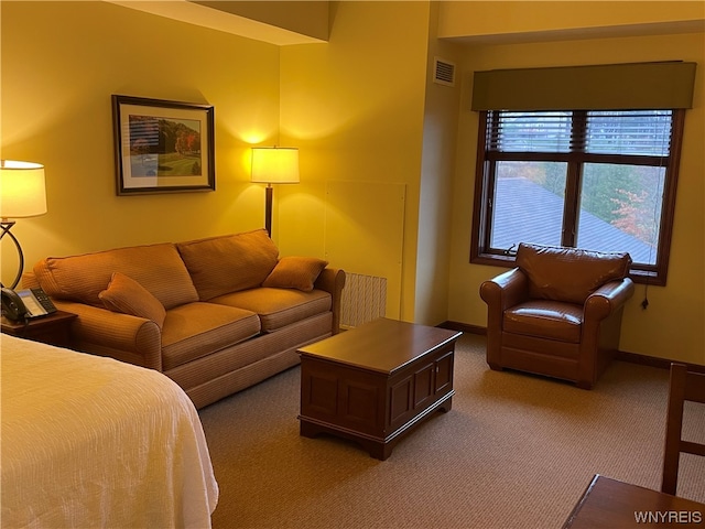 interior space featuring dark colored carpet