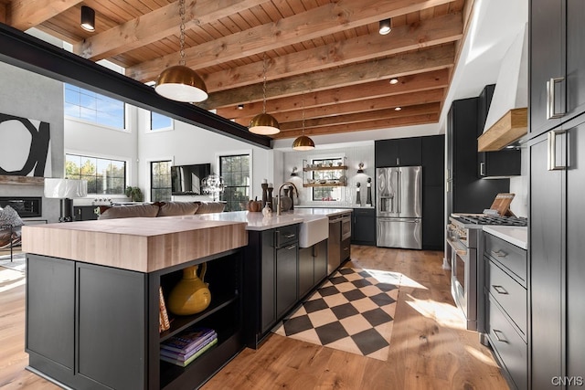 kitchen with an island with sink, stainless steel appliances, pendant lighting, and light wood-type flooring