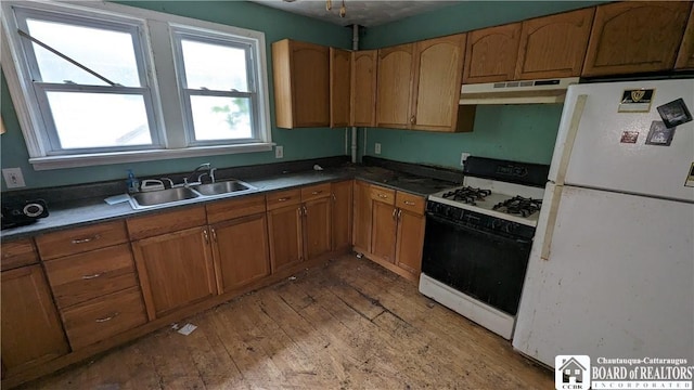 kitchen featuring ceiling fan, sink, white appliances, and light wood-type flooring