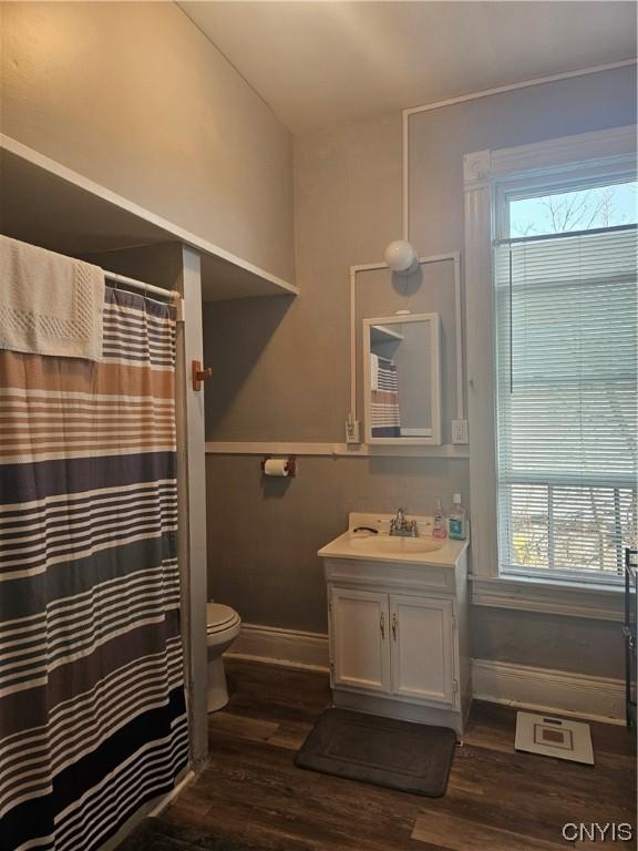 301 E Manlius St, Dewitt, NY 13057 - full bath with vanity, wood finished floors, plenty of natural light, and a shower with curtain