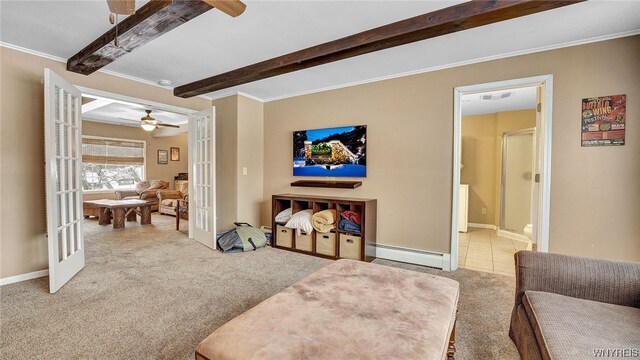 carpeted living room featuring ceiling fan, beam ceiling, a baseboard radiator, and french doors