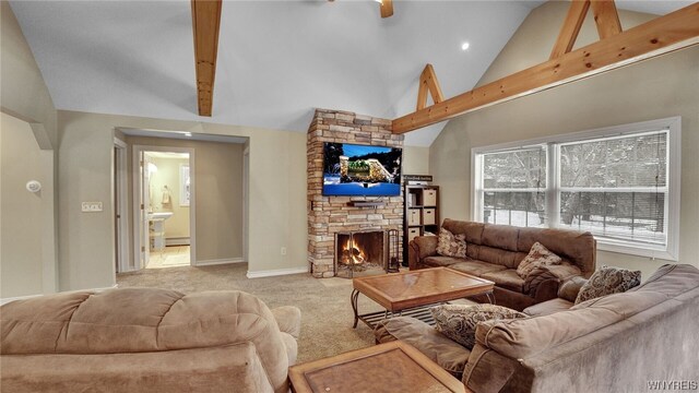 carpeted living room featuring a fireplace, beam ceiling, and high vaulted ceiling