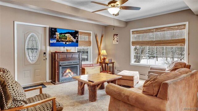 carpeted living room featuring ceiling fan, ornamental molding, and baseboard heating