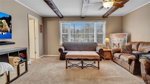 carpeted living room featuring beam ceiling, ceiling fan, and ornamental molding