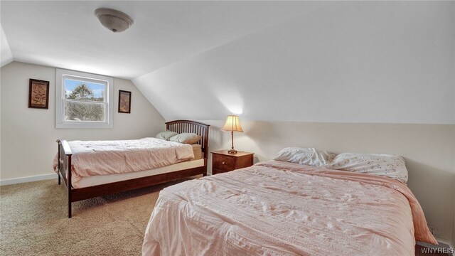 carpeted bedroom featuring vaulted ceiling