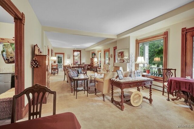 living room with light carpet