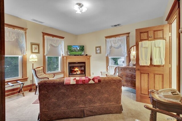 living area with light colored carpet