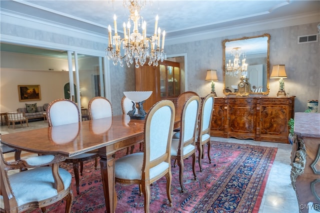 tiled dining space with a chandelier and ornamental molding