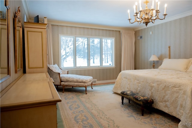 bedroom featuring an inviting chandelier and crown molding