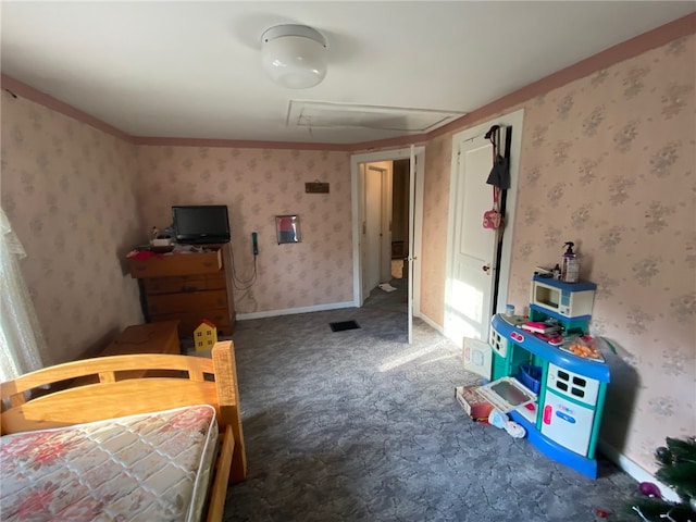 carpeted bedroom featuring crown molding