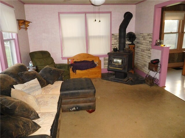 living room with a wood stove, a wealth of natural light, and crown molding