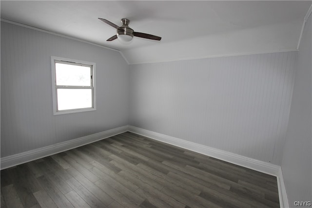 unfurnished room with ceiling fan, lofted ceiling, and dark hardwood / wood-style floors