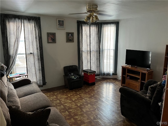 living room with ceiling fan