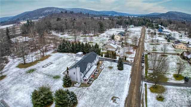 snowy aerial view featuring a mountain view