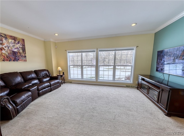 living room with ornamental molding and light carpet