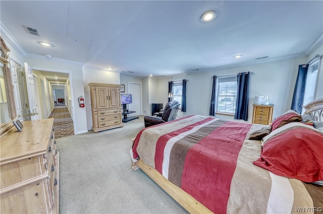 bedroom featuring crown molding and light colored carpet