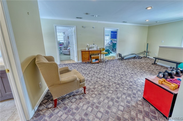 interior space featuring ornamental molding and light carpet