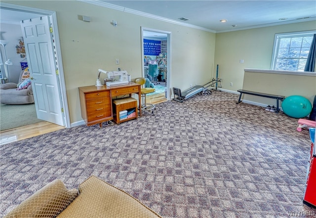 interior space with crown molding and light colored carpet