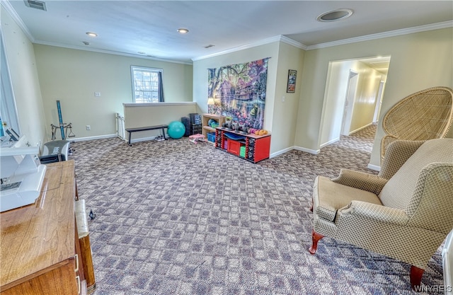 rec room featuring carpet floors and crown molding