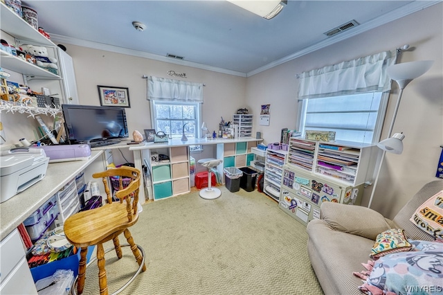 carpeted office space with ornamental molding