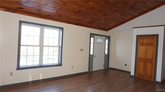 interior space with dark hardwood / wood-style flooring, wood ceiling, and vaulted ceiling