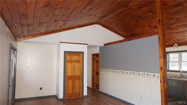 unfurnished room with sink, dark hardwood / wood-style flooring, lofted ceiling, and wood ceiling