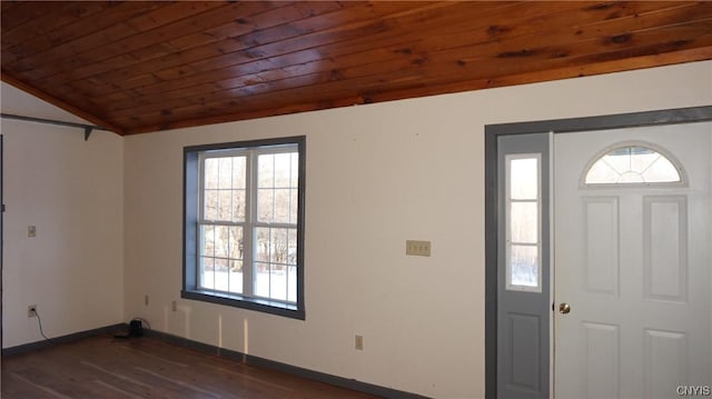 entryway featuring dark wood-type flooring, wooden ceiling, and lofted ceiling