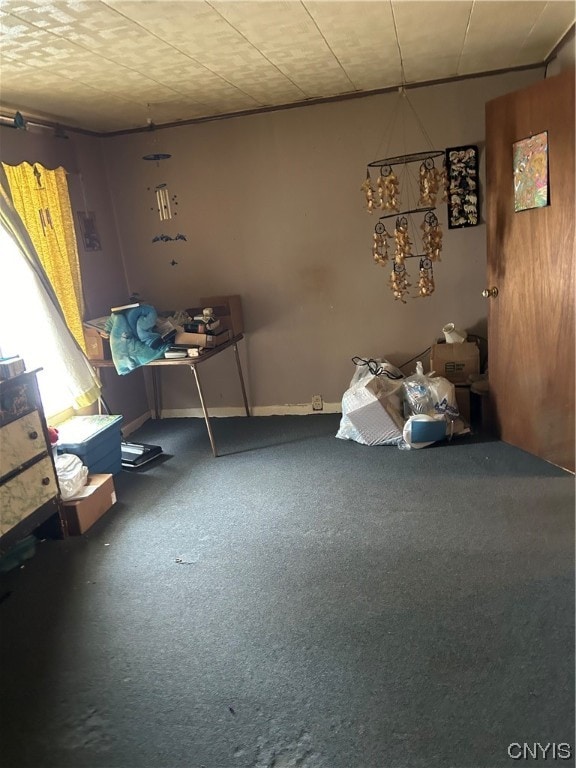 miscellaneous room with dark colored carpet