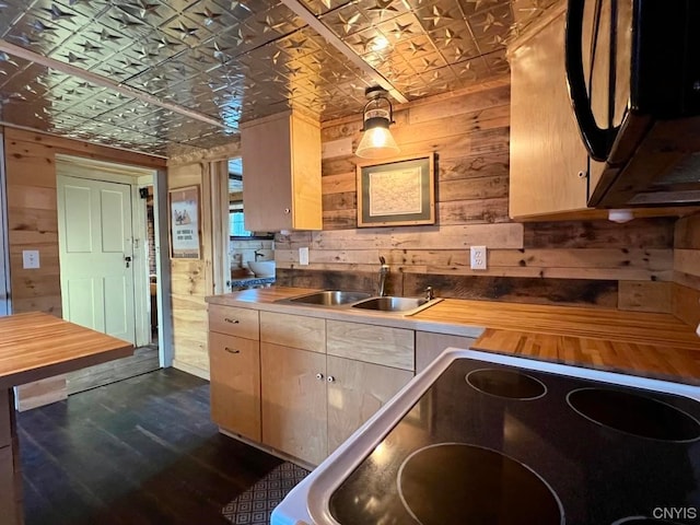 kitchen featuring range, sink, butcher block counters, dark hardwood / wood-style floors, and wood walls