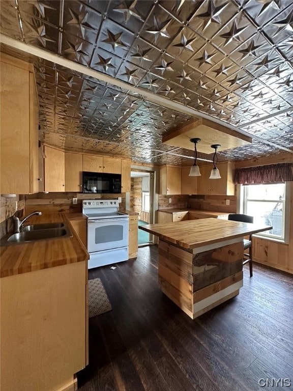 kitchen featuring wood counters, dark wood-type flooring, sink, and white electric range