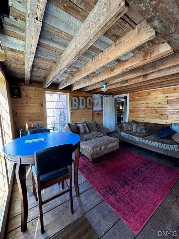 interior space with beamed ceiling, wooden ceiling, wood walls, and dark wood-type flooring