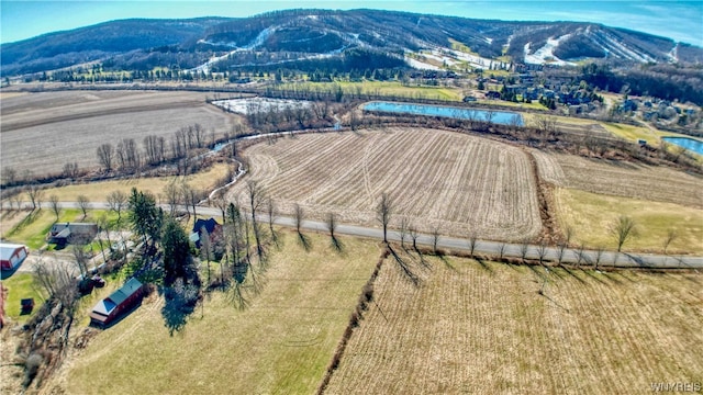 drone / aerial view featuring a mountain view and a rural view