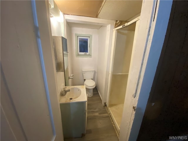 bathroom featuring a shower with door, toilet, hardwood / wood-style flooring, and vanity