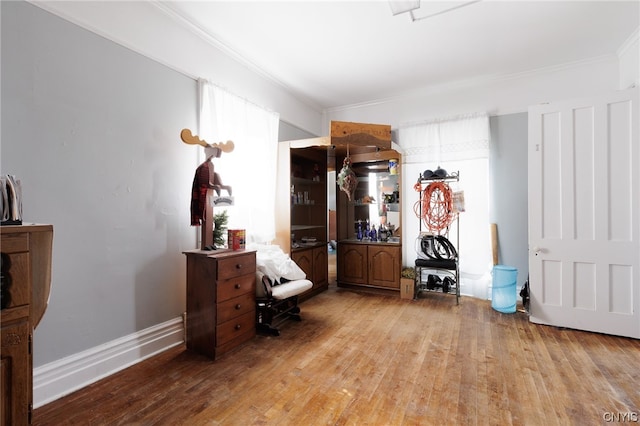 interior space featuring hardwood / wood-style flooring and ornamental molding