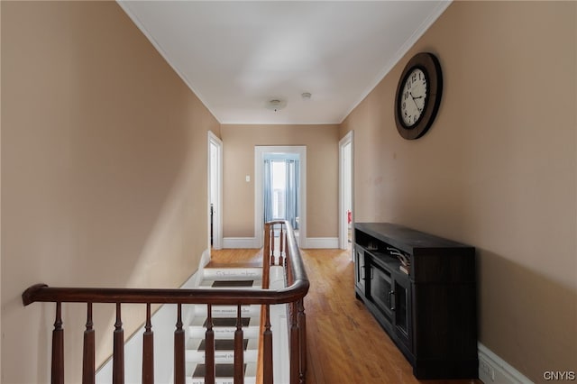 hallway with ornamental molding and wood-type flooring