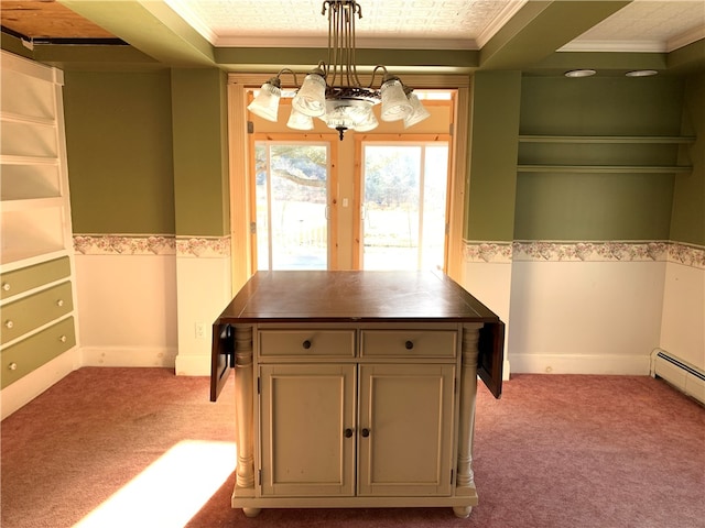 interior space featuring ornamental molding, light carpet, and an inviting chandelier