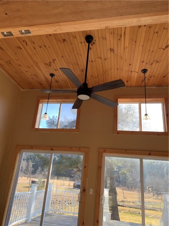 details featuring wooden ceiling and ceiling fan