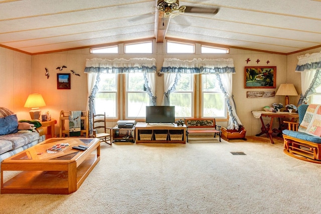 carpeted living room featuring vaulted ceiling and ceiling fan