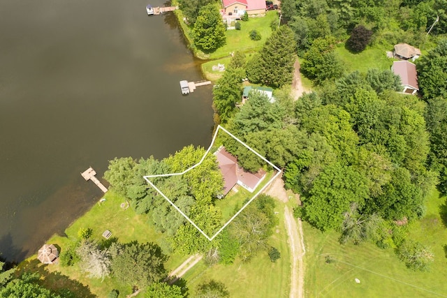 drone / aerial view with a water view