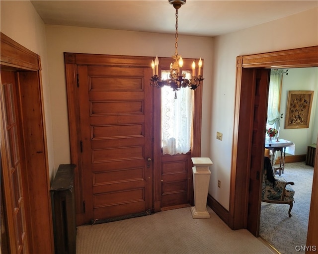 interior space with an inviting chandelier, light colored carpet, and radiator heating unit