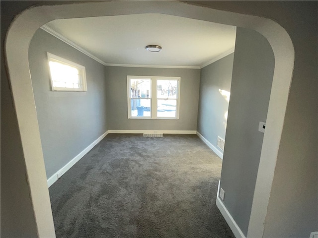 carpeted empty room featuring ornamental molding and a wealth of natural light