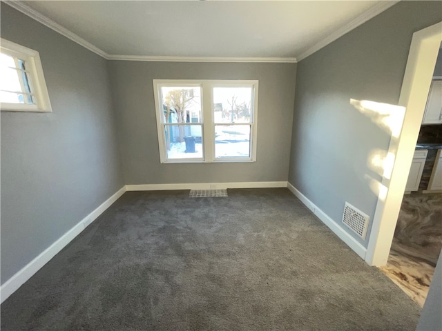 carpeted spare room featuring a healthy amount of sunlight and ornamental molding