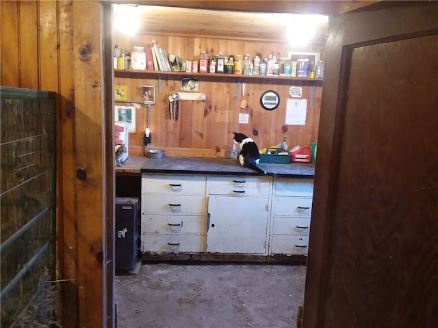 bar with white cabinetry and wood walls