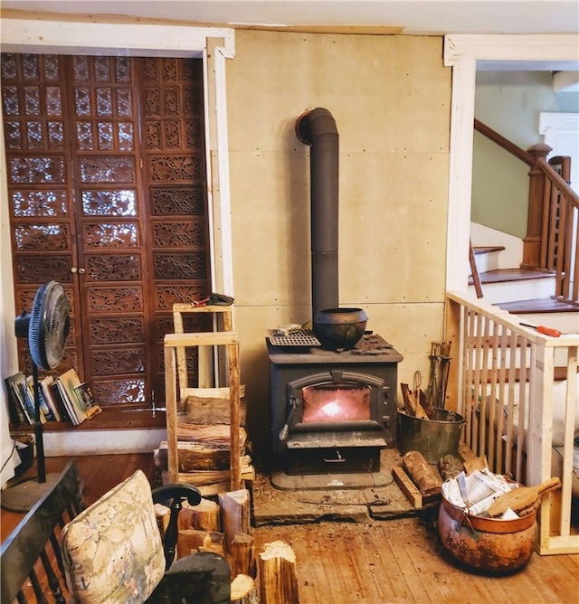 interior space featuring a wood stove