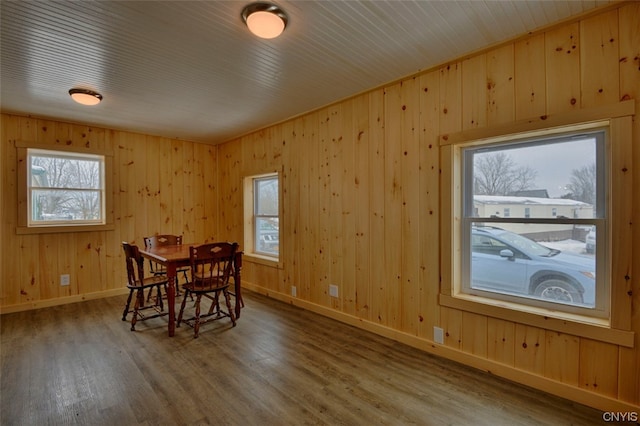 dining room featuring wood walls and hardwood / wood-style floors