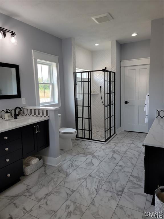 bathroom with toilet, vanity, and a shower