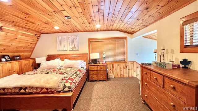 carpeted bedroom with wood ceiling, lofted ceiling, and wood walls