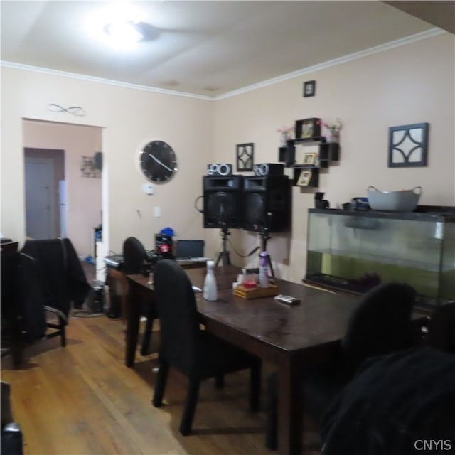 dining space featuring ornamental molding and light wood-type flooring